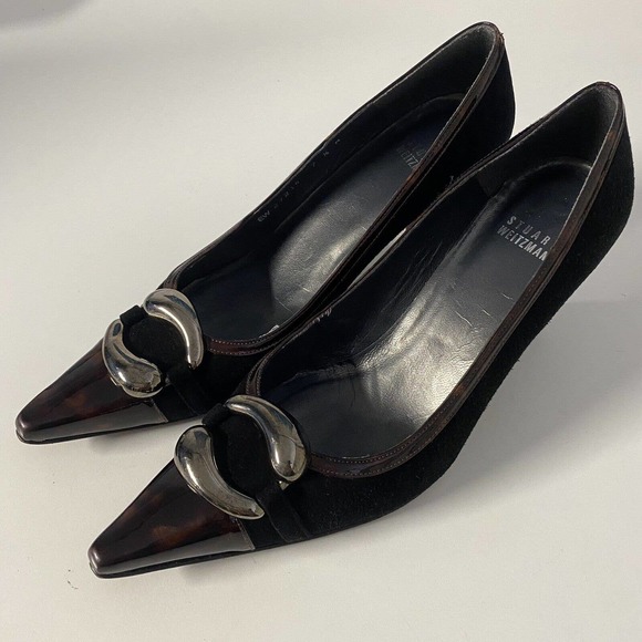 Stuart Weitzman Pump Black Suede Tortoise Shell Patent Trim Cap Point To… - Picture 6 of 10